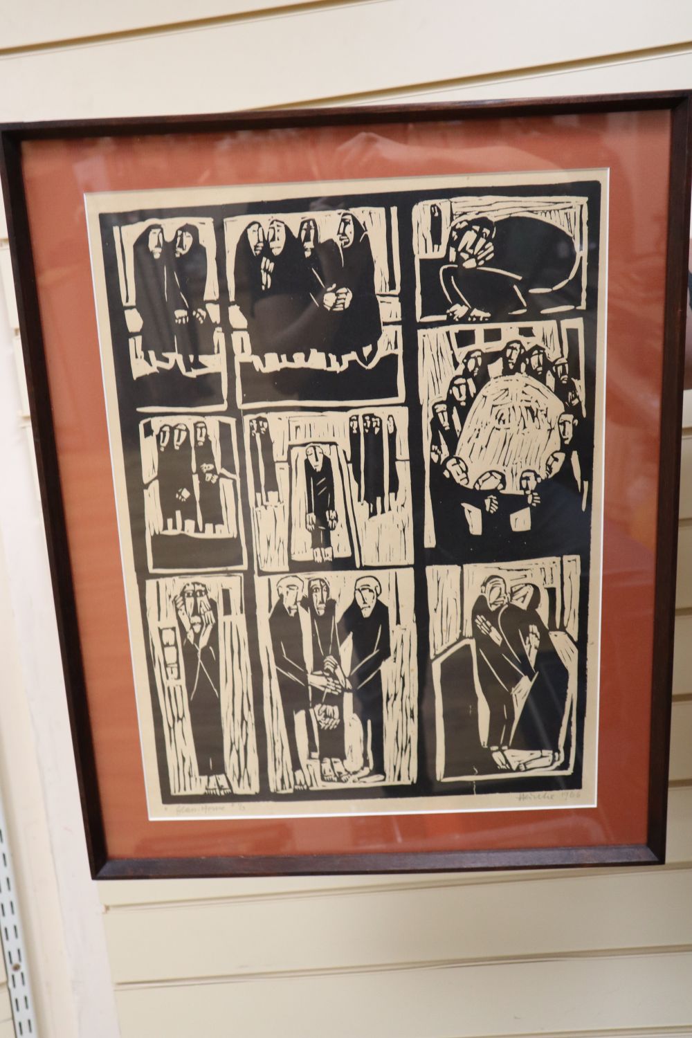 Evarist Adam Weber (1887-1968), woodcut, Am Brunnen, inscribed verso, 22 x 17cm and a linocut by Heinke Jenkins, Glass House, 1966,
